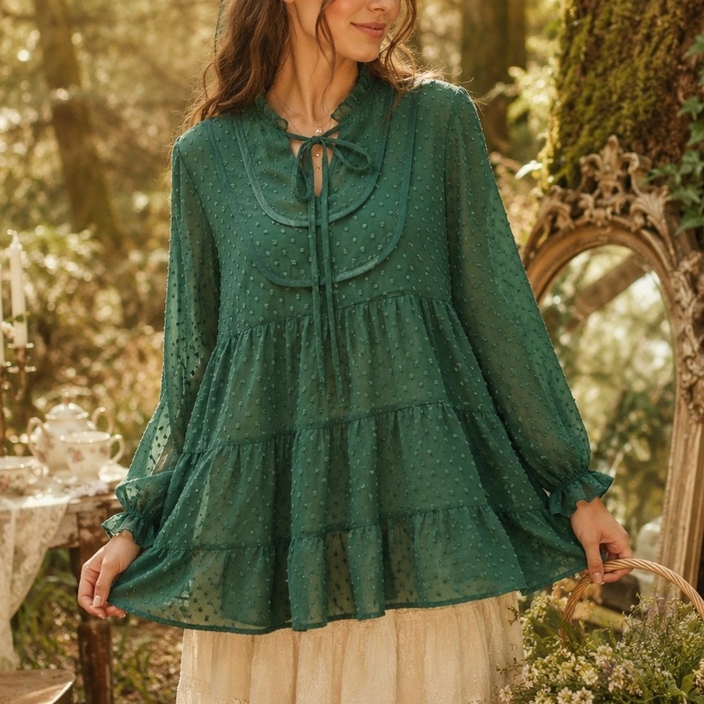 Womens Green Swiss Dot Tiered Babydoll Blouse XL Boho Peasant Top Long Sleeve